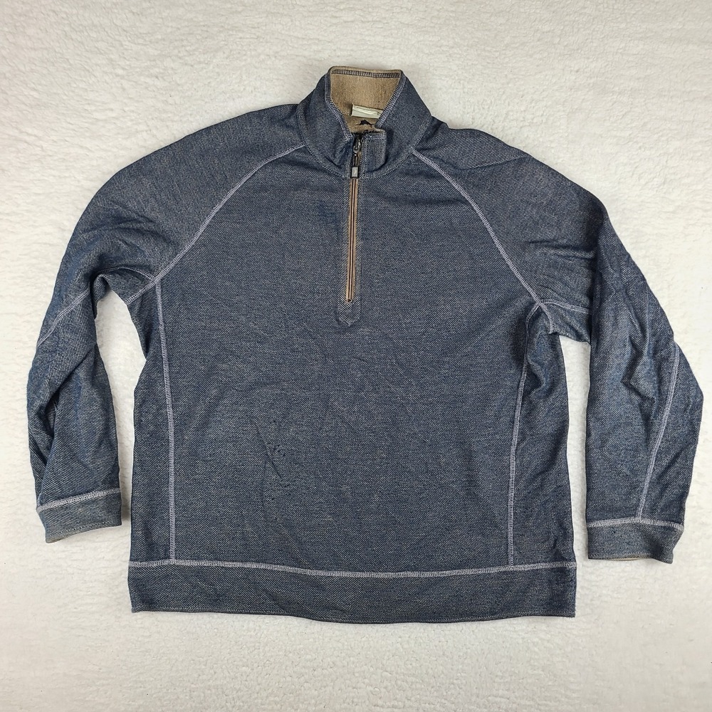 Tommy Bahama Reversible Sweater Mens XL Blue Brown Quarter Zip Sweatshirt *